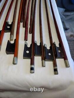 19 ANTIQUE Huge Lot Mother of Pearl Ebony Silver Quality VIOLIN BOWs vtg Parts