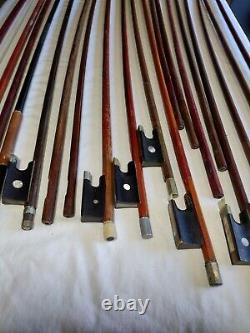 19 ANTIQUE Huge Lot Mother of Pearl Ebony Silver Quality VIOLIN BOWs vtg Parts