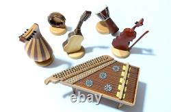 6 Miniature Musical Instruments Made Of Carved Wood Violin Guitar Oud Zither