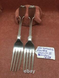A Superb Matching Pair S/Silver Fiddle Pat. Dessert Forks F. Higgins London 1859