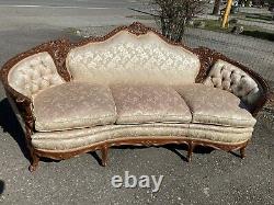 Antique 1920s French Sofa & Chair Carved Victorian Birds Violin Silk Bombay Rose