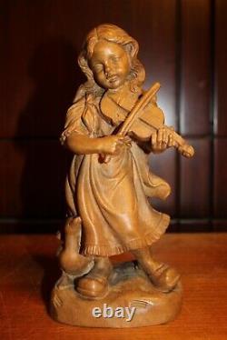 Antique 9 Wood Hand Carved German Black Forest Girl With Violin Figure Statue