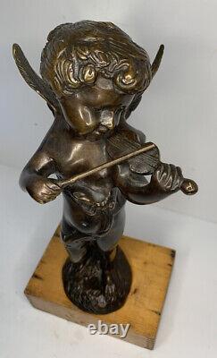 Antique ART NOUVEAU Cupid CHERUB PLAYING VIOLIN Sculpture SOLID BRASS STATUE 11