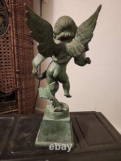 Antique Art Cupid Cherub Playing Violin Scrulpure Solid Brass