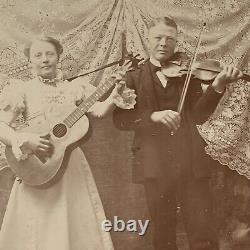 Antique Cabinet Card Occupational Musician Duo Man Violin Fiddle Man Guitar Folk