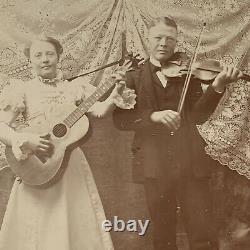 Antique Cabinet Card Occupational Musician Duo Man Violin Fiddle Man Guitar Folk