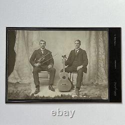 Antique Cabinet Card Photograph Handsome Twin Bothers Guitar Fiddle Newark OH