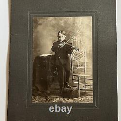 Antique Cabinet Card Photograph Spooky Little Boy Playing Violin New York NY