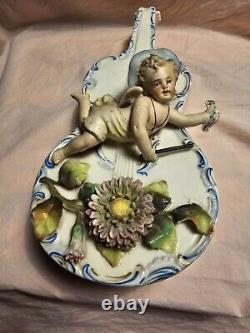 Antique Capodimonte Porcelain Cherub Angel Violin Figurine Planter