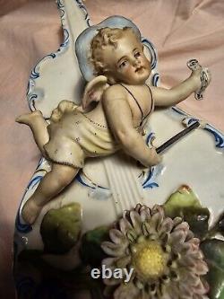 Antique Capodimonte Porcelain Cherub Angel Violin Figurine Planter