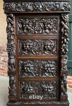 Antique English Carved Oak Chest Cabinet Gothic Revival Monkey Owl Violin c1880