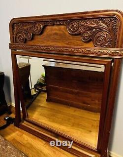 Antique Fiddle Mahogany & Cherry Carved Bed Set Dresser? Mirror Ornate Victorian