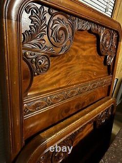 Antique Fiddle Mahogany & Cherry Carved Bed Set Dresser? Mirror Ornate Victorian