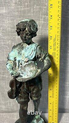 Antique French Art Nouveau Style Metal Spelter Statue Young Boy with Violin