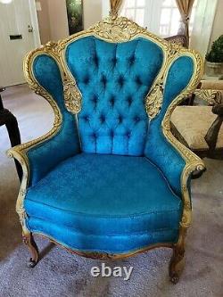 Antique French Style Wingedback Chair With Carved Roses & Violin. Blue Fabric