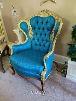 Antique French Style Wingedback Chair With Carved Roses & Violin. Blue Fabric