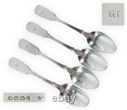 Antique Georgian 1835 Set of 4 Sterling Silver Teaspoons Spoons Fiddle Back JW