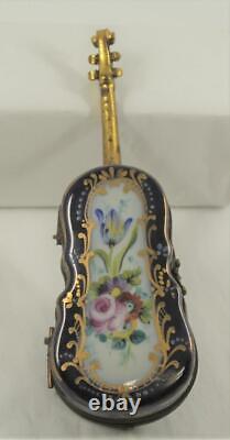 Antique Hand Painted Porcelain Violin Trinklet Box Made in France