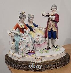 Antique Large German Porcelain Figurine Man Violin Ladies On Couch Brass Base