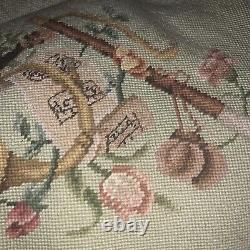Antique Needlepoint Tapestry Piano Window Seat Bench Top Violin CrossStitch