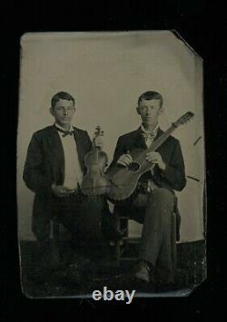 Antique Tintype Photo of Musicians Guitar & Violin Player Men Music Int 1800s