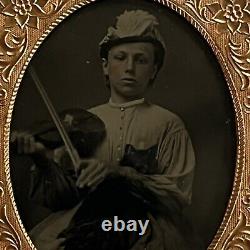Antique Tintype Photograph Adorable Little Girl Playing Violin & Holding Cat