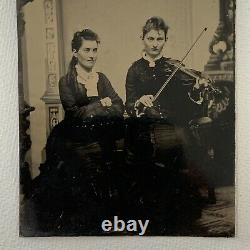 Antique Tintype Photograph Very Beautiful Woman Mother Teen Daughter Violin