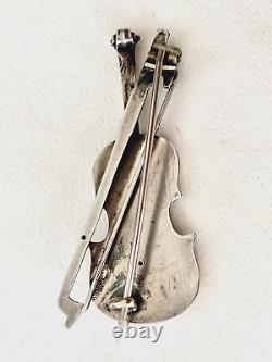 Antique Victorian Engraved Silver Violin with Bow Pin, Music