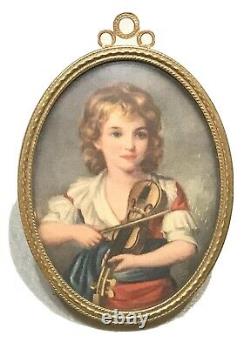 Antique Vintage 19C Miniature Portrait Print Girl Playing Violin Gilt Frame Old