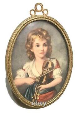 Antique Vintage 19C Miniature Portrait Print Girl Playing Violin Gilt Frame Old