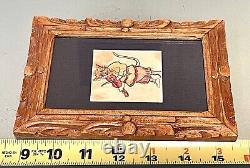 Antique Vintage 19C Watercolor Cat in Fiddle Miniature Child Painting Old Framed