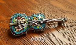Antique Violin Italy Micro Mosaic Sterling Silver Pin Brooch