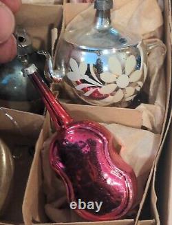 Antique Vtg 10 Mercury Glass Figural Christmas Ornaments Tea Pot Santa Cello Lot