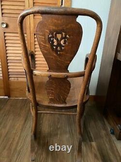 Antique Vtg Tiger Oak Bentwood Arms Harp Slats Fiddle Back Rocker Rocking Chair