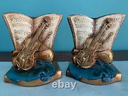 Antique violin music bookends Marion Bronze clad, orig paint, near mint. 7 lbs