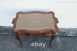 Early 1900s Hand Carved Violin Inlay Coffee Table with Serving Glass Tray 1772