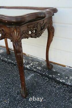 Early 1900s Hand Carved Violin Inlay Coffee Table with Serving Glass Tray 1772