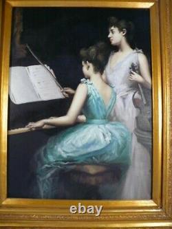 Original Oil Painting Girls at Piano with Violin on Canvas Hand Painted Framed
