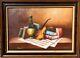 Original Still Life Oil Painting On Canvas, Books, Violin, Framed, Signed