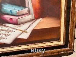 Original Still Life oil painting on canvas, Books, Violin, Framed, Signed