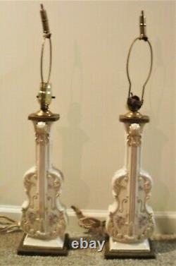 Pair of Porcelain Violin Lamps Hand Painted VTG Antique Please See Condition