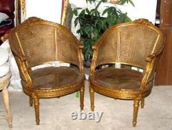 Pair of Vintage Muted Gilded Cane Caned Bergere chairs with Musical Violin crest