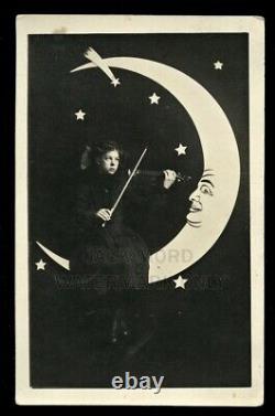 RPPC Photo Little Girl Playing Violin on Prop Paper Moon Shooting Star Music Int