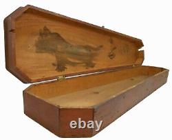 Rare Early-mid 19th C Antique Red Pntd Wood Violin Coffin Case, Ink Dog Drawing