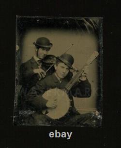 Rare Miniature Gem Tintype of Fiddle & Banjo Players Musicians Music Int 1800s