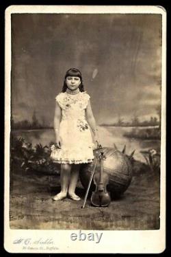 Rare Photo Sideshow / Circus Photo Acrobat Girl Globe Balance & Violin 1800s