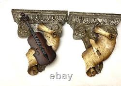 SET OF 2 Vintage Violin Music Sheet Notes Scroll Wall Shelf Sconce Resin 16H