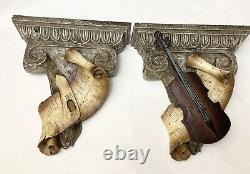 SET OF 2 Vintage Violin Music Sheet Notes Scroll Wall Shelf Sconce Resin 16H