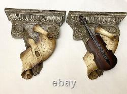 SET OF 2 Vintage Violin Music Sheet Notes Scroll Wall Shelf Sconce Resin 16H