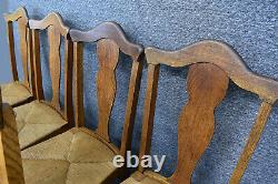 Set of Six Vintage French Country Fiddle Back Tiger Oak Rush Seat Dining Chairs